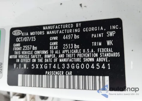 2016 Kia Optima Lx from USA, damaged, VIN 5XXGT4L33GG004541